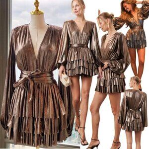 🆕 BRONX & BANCO 🧿 NWOT Bellerose Ruffled Mini Dress, Metallic Gold Sz S / US 4